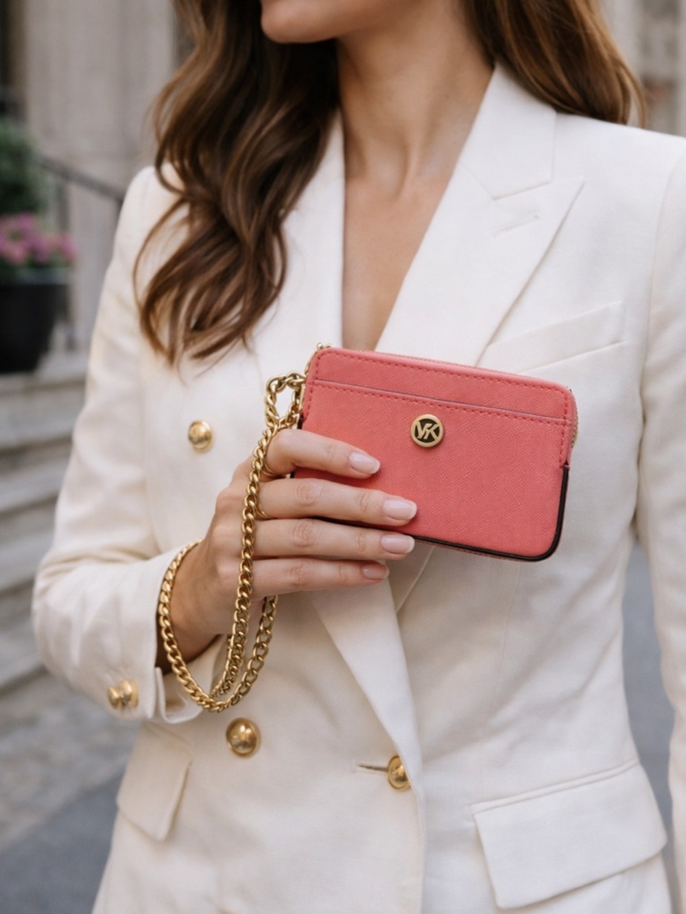 Michael Kors Pink Card Holder Wallet with Wristlet Gold Chain